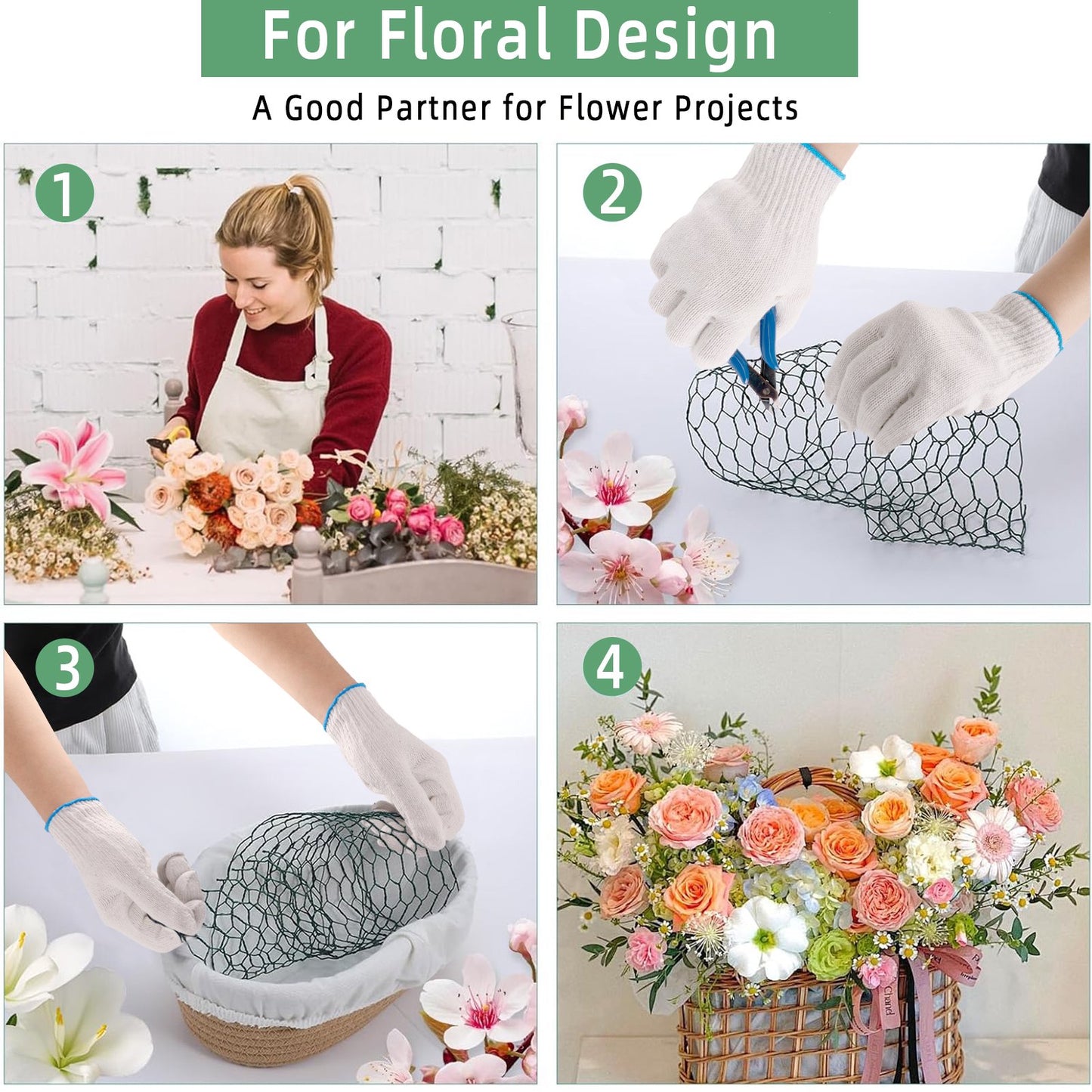 KORALAKIRI Floral Chicken Wire for Craft, 4 x 157 Inch Lightweight Galvanized Hexagonal Chicken Wire Netting, 2mm Thickness Chicken Wire Fence for Garden Poultry, Chicken Wire Mesh with Gloves