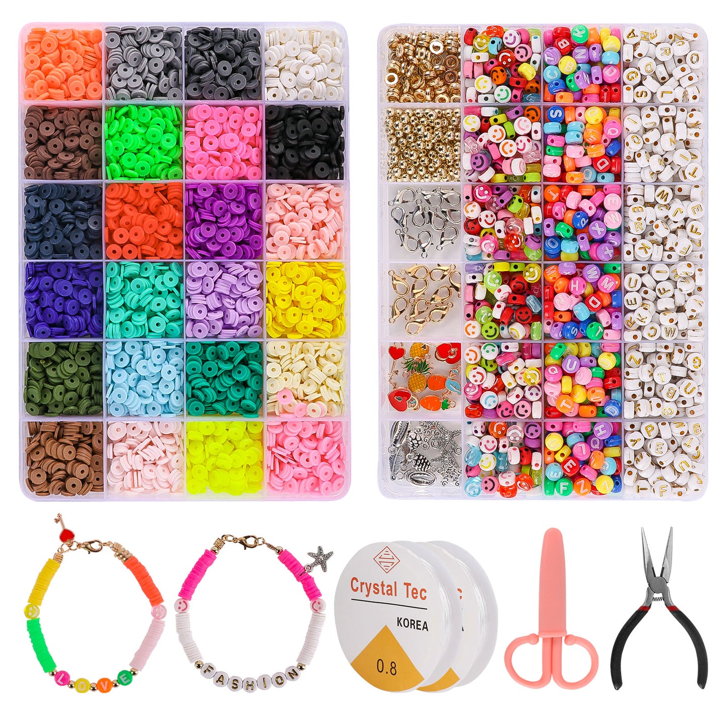 Koralakiri 7360Pcs Flat Clay Beads Kit 24 Colors 6mm, Letter Beads, Smiley Face Beads for DIY Bracelets Necklaces Earrings Jewelry Making Gift for Girls