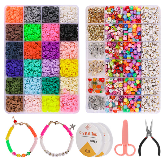 Koralakiri 7360Pcs Flat Clay Beads Kit 24 Colors 6mm, Letter Beads, Smiley Face Beads for DIY Bracelets Necklaces Earrings Jewelry Making Gift for Girls