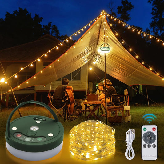 CandWuom Camping Lights, Outdoor Camping String Lights with 9 Lighting Modes, 32.8FT USB Rechargeable with Remote Control, IPX4 Waterproof Portable Warm Lights for Tent, Yard, Hiking & Decoration