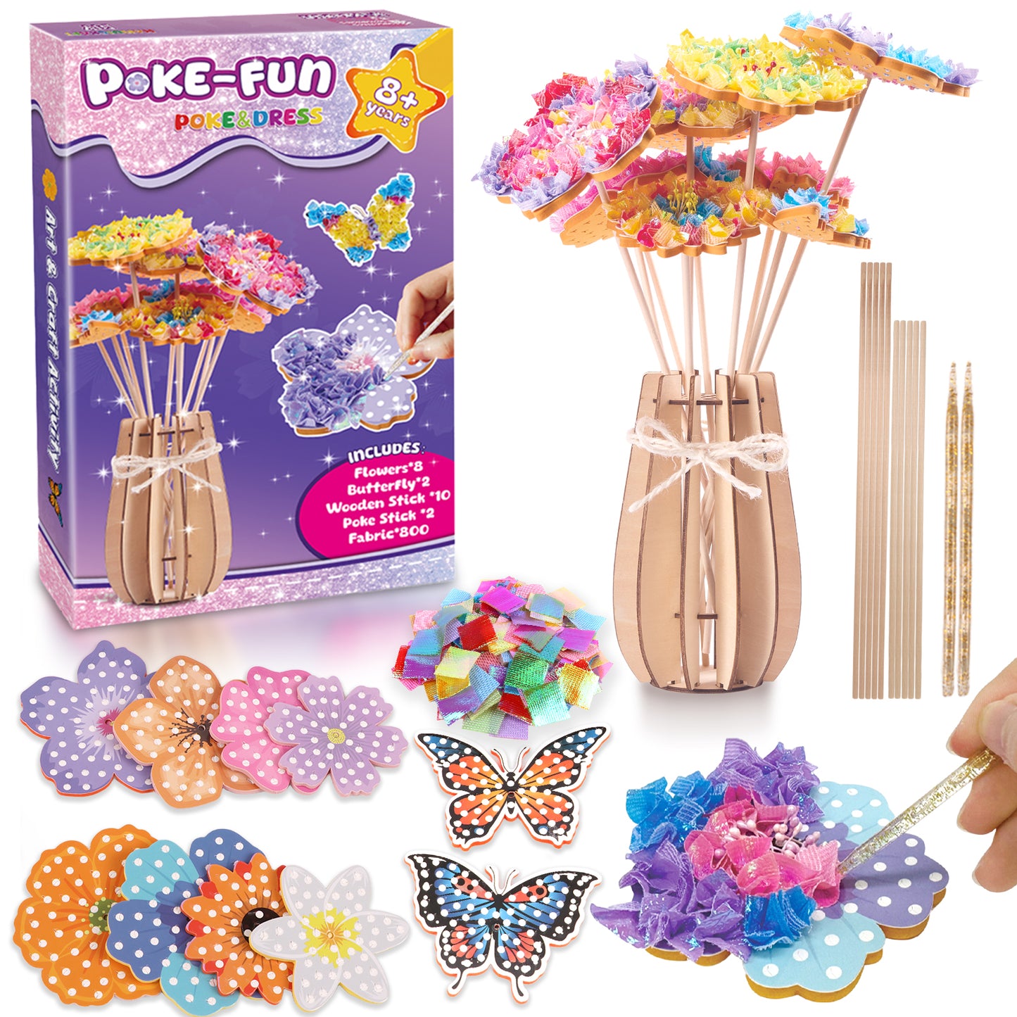 CandWuom Poke Art Flower Bouquet with 8 Flowers & 2 Butterflies, Arts and Crafts for Girls 8-12,Toys for 4 5 6 7 8+ Year Old Girls