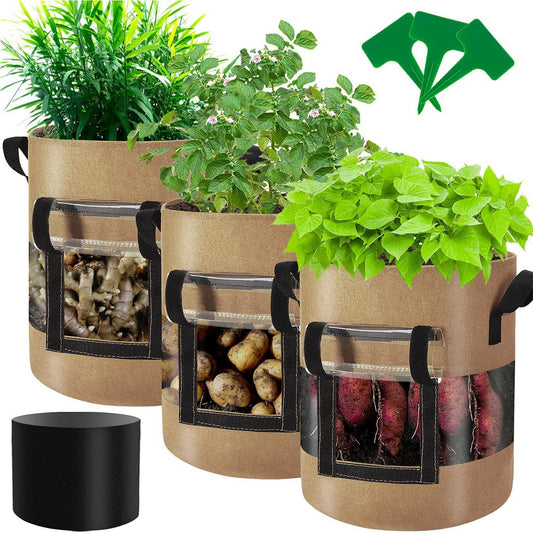 KORALAKIRI 3 Pack Potato Grow Bags 10 Gallon Potato Bag with 360° Visible Window, Planter Bags for Potato,Tomato, Carrot, Onion(Brown)