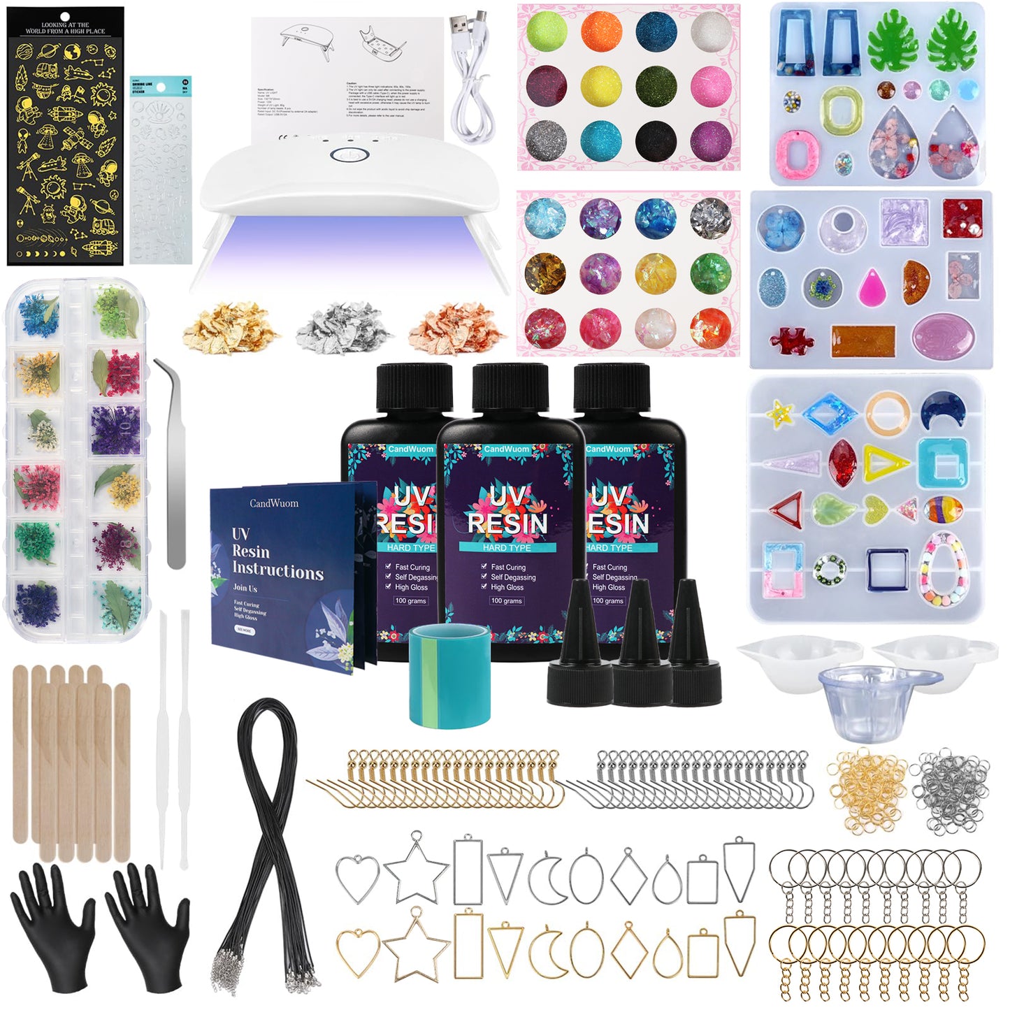 CandWuom UV Resin Jewelry Making Kit - 300g Crystal Clear Resin with Light & Molds for DIY Necklace & Keychain & Earring Making