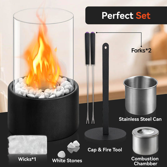 KORALAKIRI Tabletop Fire Pit,Portable Fire Pit Tabletop for Indoor & Outdoor,Table Top Fire Place with White Stone & Wind Proof Glass