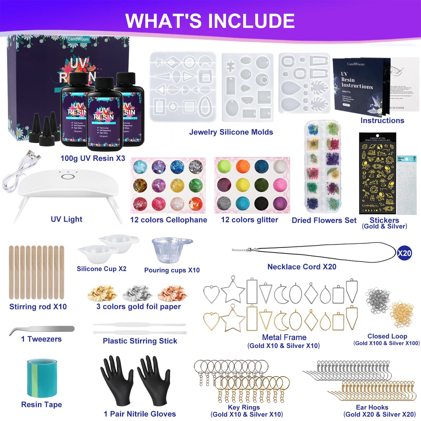 CandWuom UV Resin Jewelry Making Kit - 300g Crystal Clear Resin with Light & Molds for DIY Necklace & Keychain & Earring Making