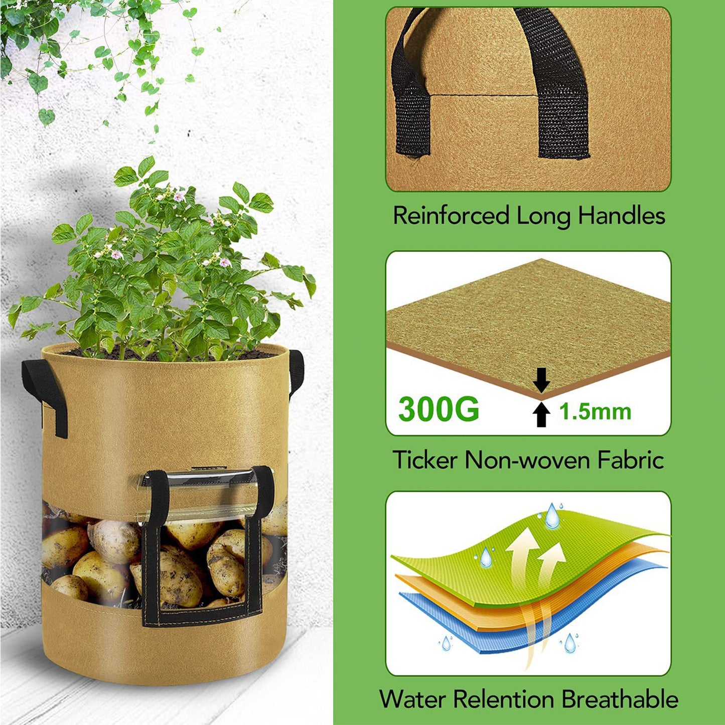 KORALAKIRI 3 Pack Potato Grow Bags 10 Gallon Potato Bag with 360° Visible Window, Planter Bags for Potato,Tomato, Carrot, Onion(Brown)