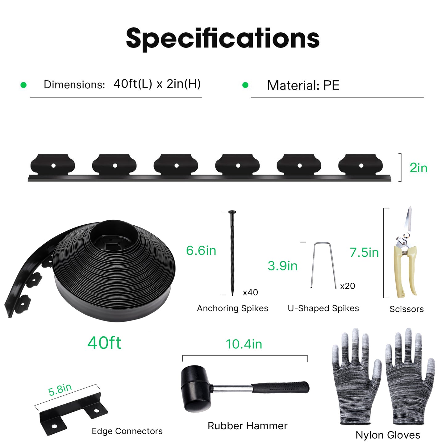 KORALAKIRI Landscape Edging Kit, 40ft Garden Edging Border 2 Inch Tall with 50 Pcs Spikes, Edging for Landscaping, Garden, Black