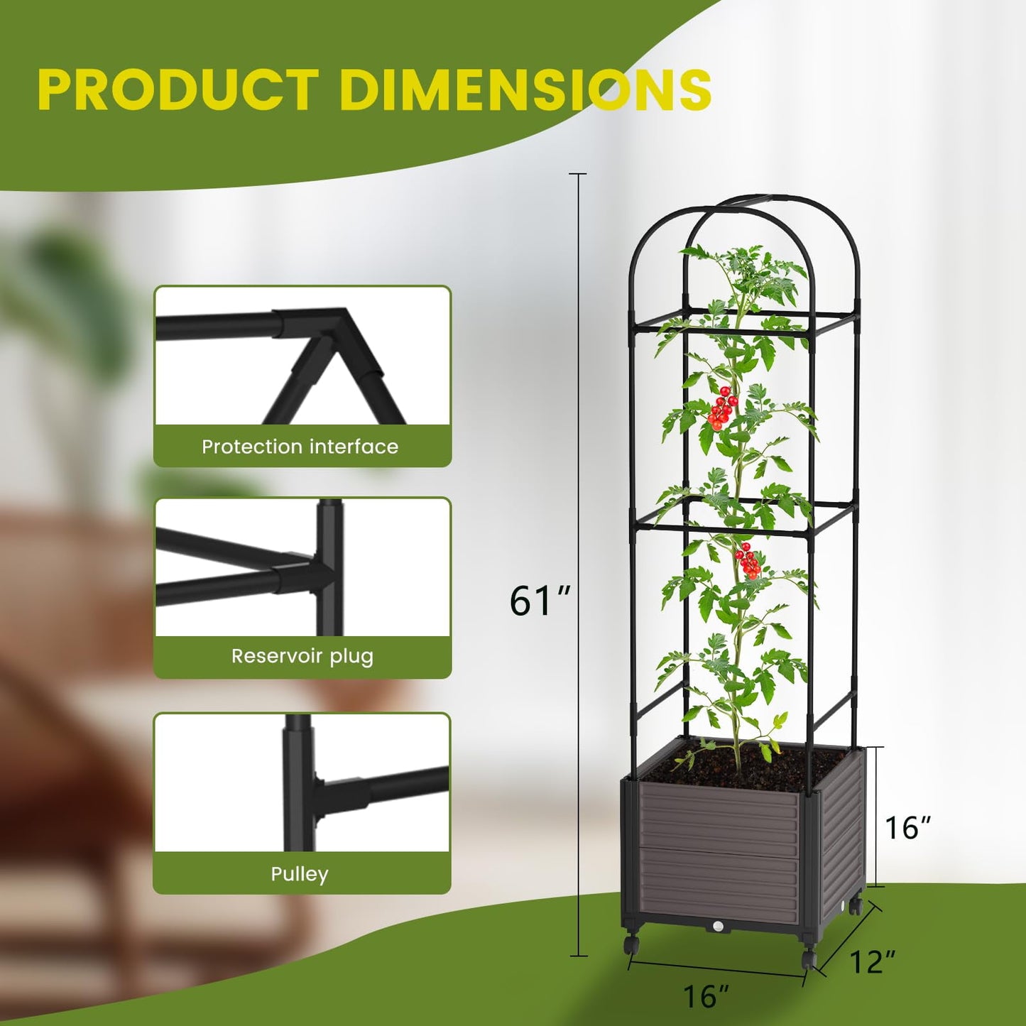 KORALAKIR Planter Trellis, 61" Garden Trellis for Outdoor Plants,Tomato Cage with Trellis for Climbing Plants Vegetable Vine Flowers w/Self-Watering & Wheels