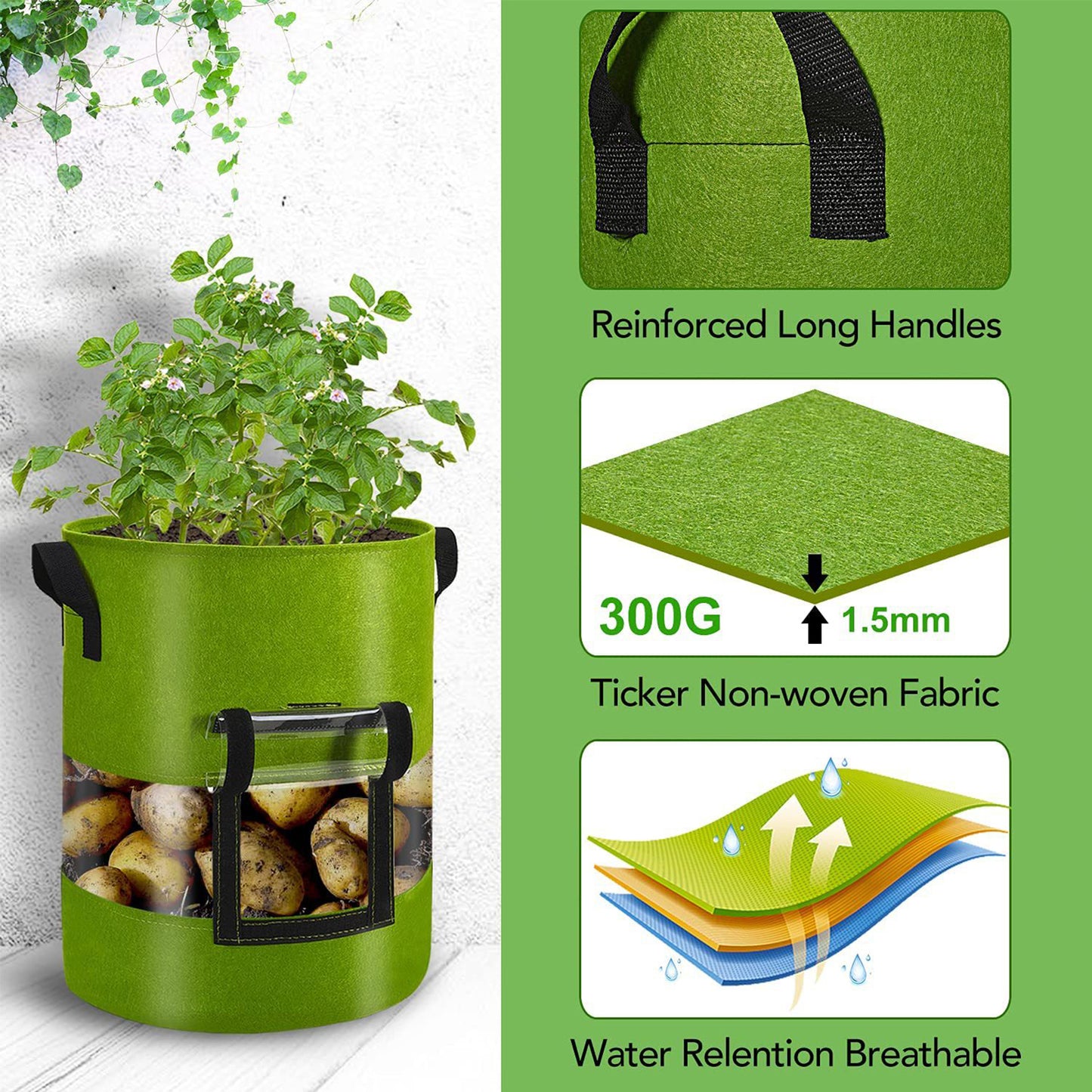 KORALAKIRI 3 Pack Potato Grow Bags 10 Gallon Potato Bag with 360° Visible Window, Planter Bags for Potato,Tomato, Carrot, Onion(Green)