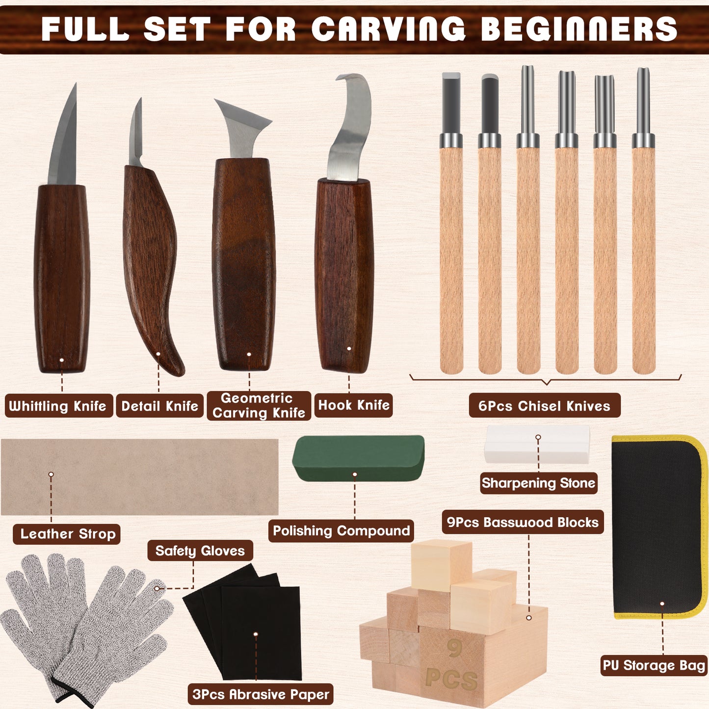 West Bay Wood Carving Kit, 27 Pcs Wood Carving Tools - Complete Whittling Kit with 9 Basswood Blocks 10 Carving Knives, DIY Hobbies for Adults Gifts for Men Women