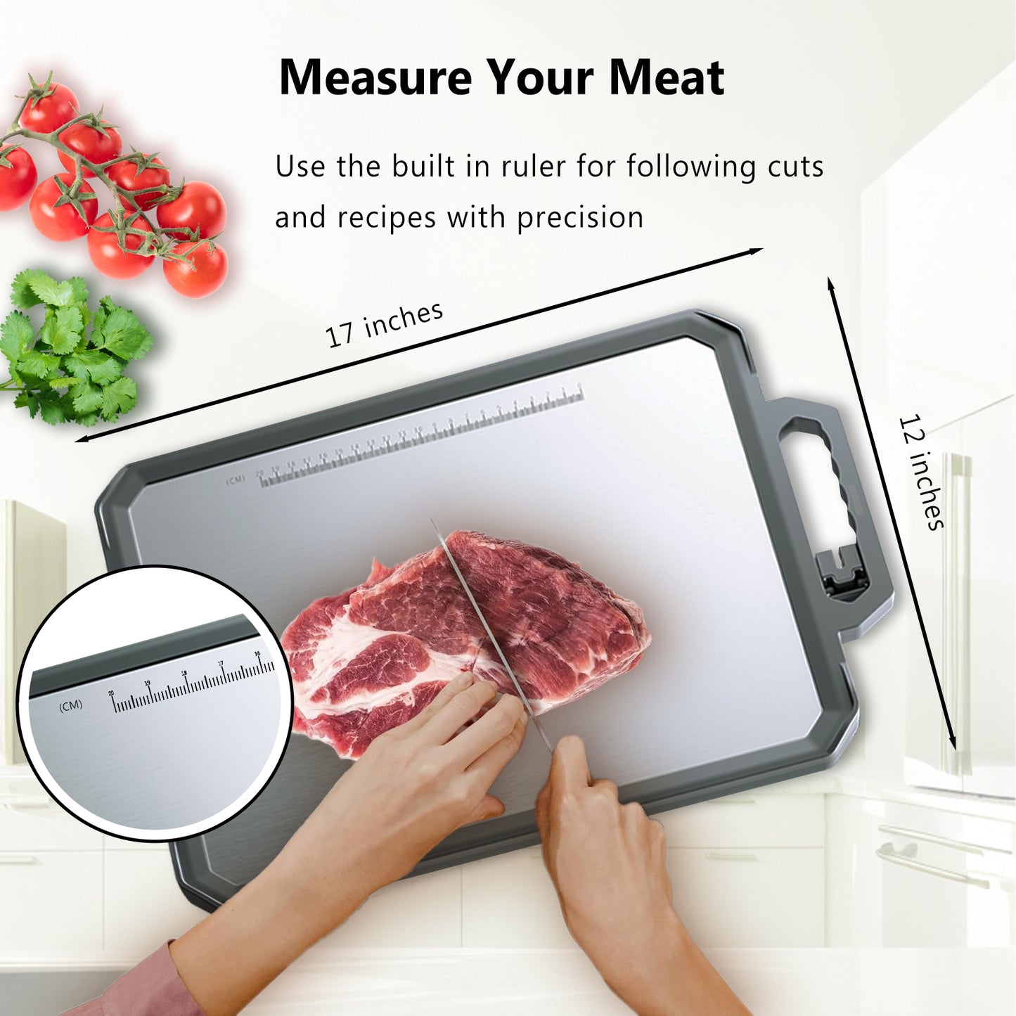 West Bay Stainless Steel Glass Cutting Board - Large 17 x 12 Inch Cutting Board with Handle & Knife Sharpener | Dishwasher Safe Double-Sided Chopping Board, Non-Slip PP Base by West Bay