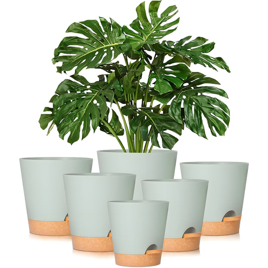 West Bay 6-Pack Self Watering Planters, Indoor Outdoor large flower pot plant pots with Drainage Holes and Saucers, 8, 7, 6.5, 6, 5.5, 5 Inches, Green