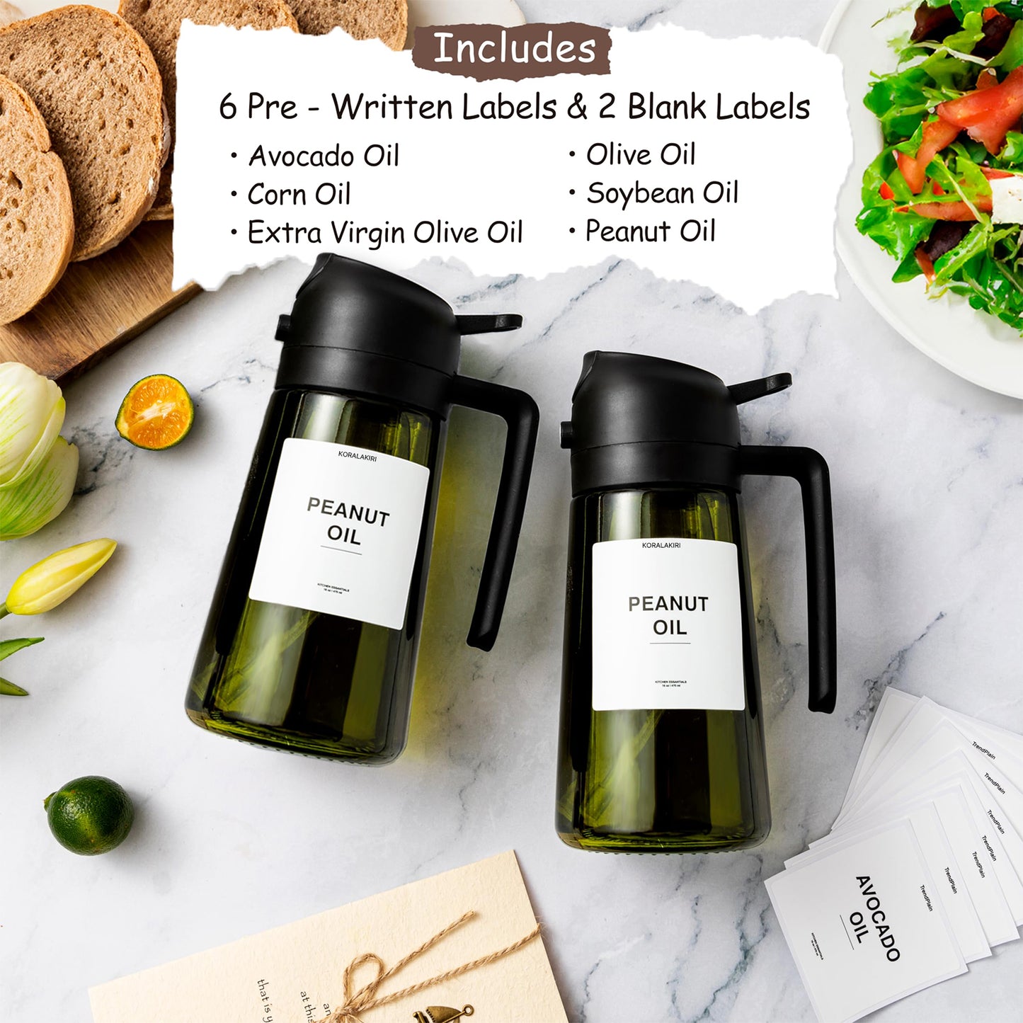 KORALAKIRI 2 in 1 Oil Sprayer for Cooking, 16oz/470ml Glass Food-grade Olive Oil Spray Bottle Dispenser Mister Spritzer with Pourer for Kitchen, Salad, Frying, BBQ (Black & Black)