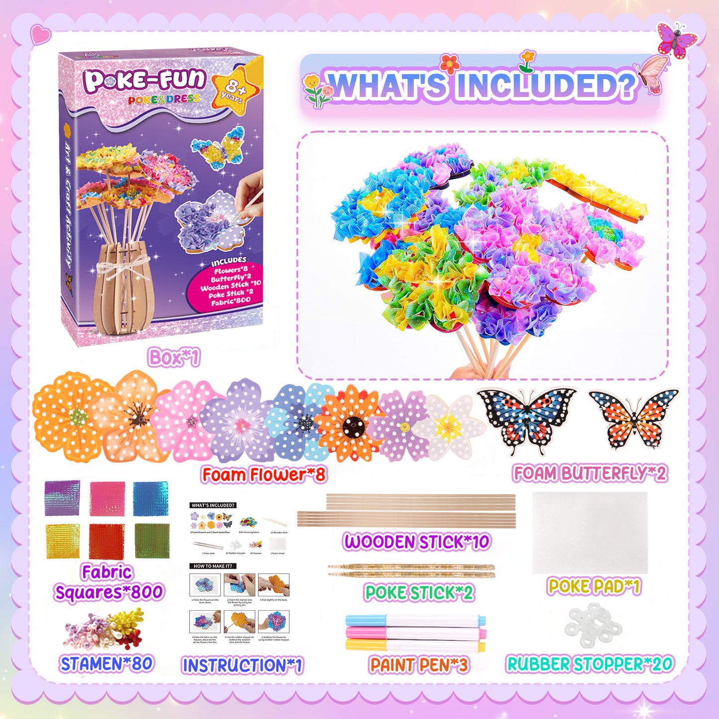 CandWuom Poke Art Flower Bouquet with 8 Flowers & 2 Butterflies, Arts and Crafts for Girls 8-12,Toys for 4 5 6 7 8+ Year Old Girls