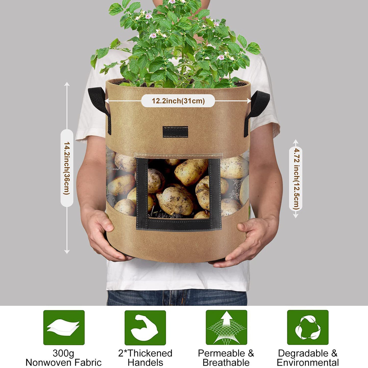 KORALAKIRI 3 Pack Potato Grow Bags 10 Gallon Potato Bag with 360° Visible Window, Planter Bags for Potato,Tomato, Carrot, Onion(Brown)