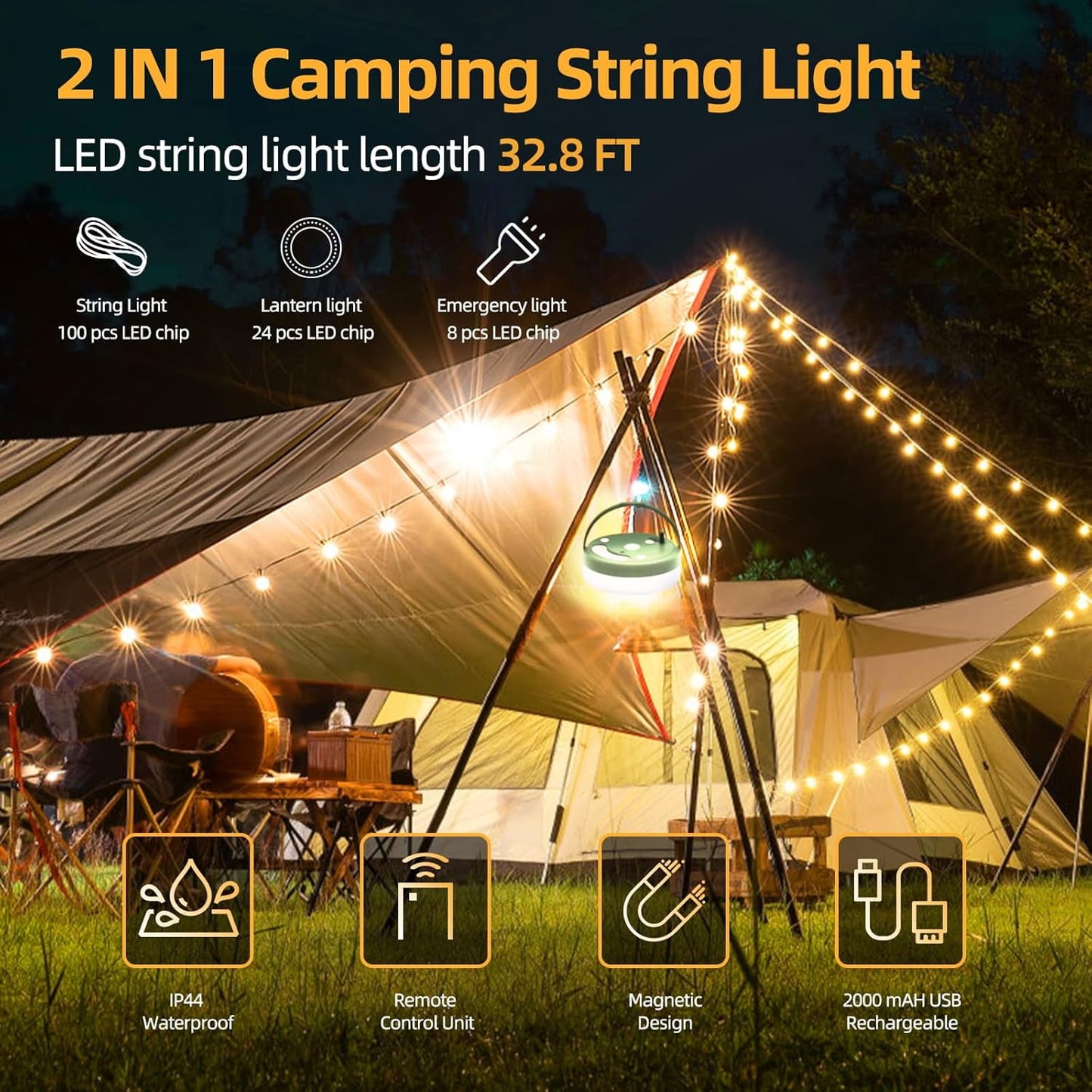 CandWuom Camping Lights, Outdoor Camping String Lights with 9 Lighting Modes, 32.8FT USB Rechargeable with Remote Control, IPX4 Waterproof Portable Warm Lights for Tent, Yard, Hiking & Decoration