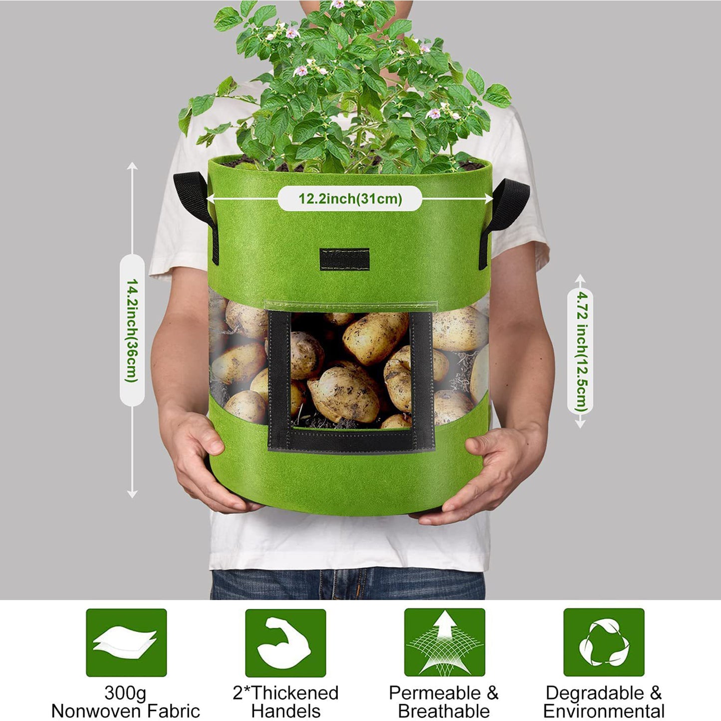 KORALAKIRI 3 Pack Potato Grow Bags 10 Gallon Potato Bag with 360° Visible Window, Planter Bags for Potato,Tomato, Carrot, Onion(Green)
