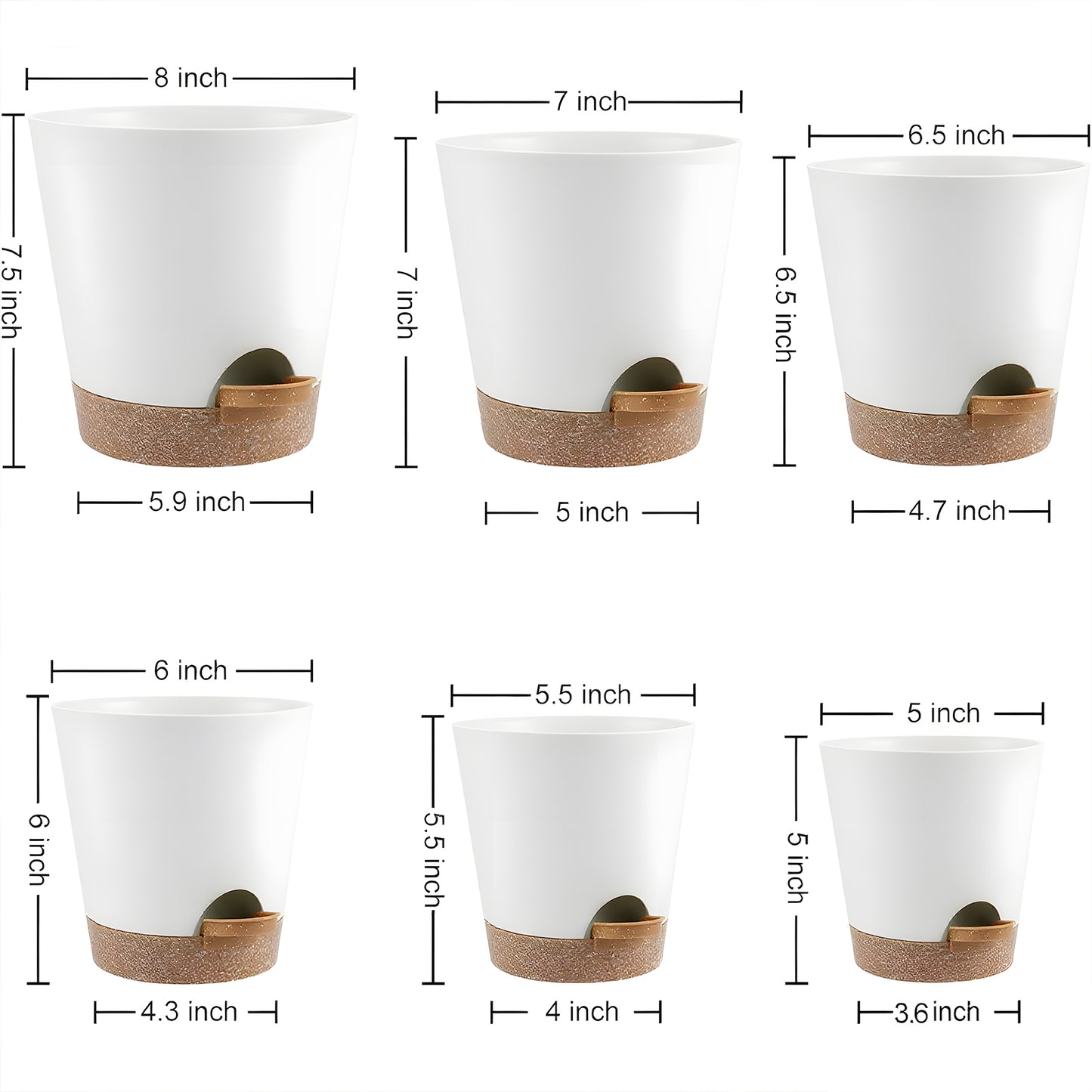 West Bay 6-Pack Self Watering Planters, Indoor Outdoor large flower pot plant pots with Drainage Holes and Saucers, 8, 7, 6.5, 6, 5.5, 5 Inches, White