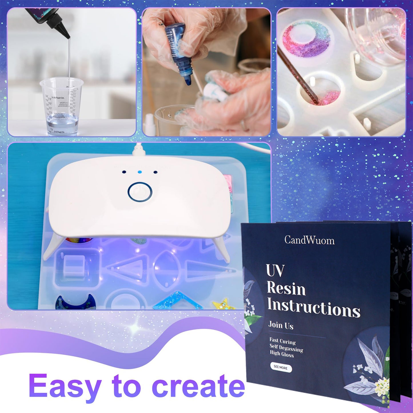 CandWuom UV Resin Jewelry Making Kit - 300g Crystal Clear Resin with Light & Molds for DIY Necklace & Keychain & Earring Making