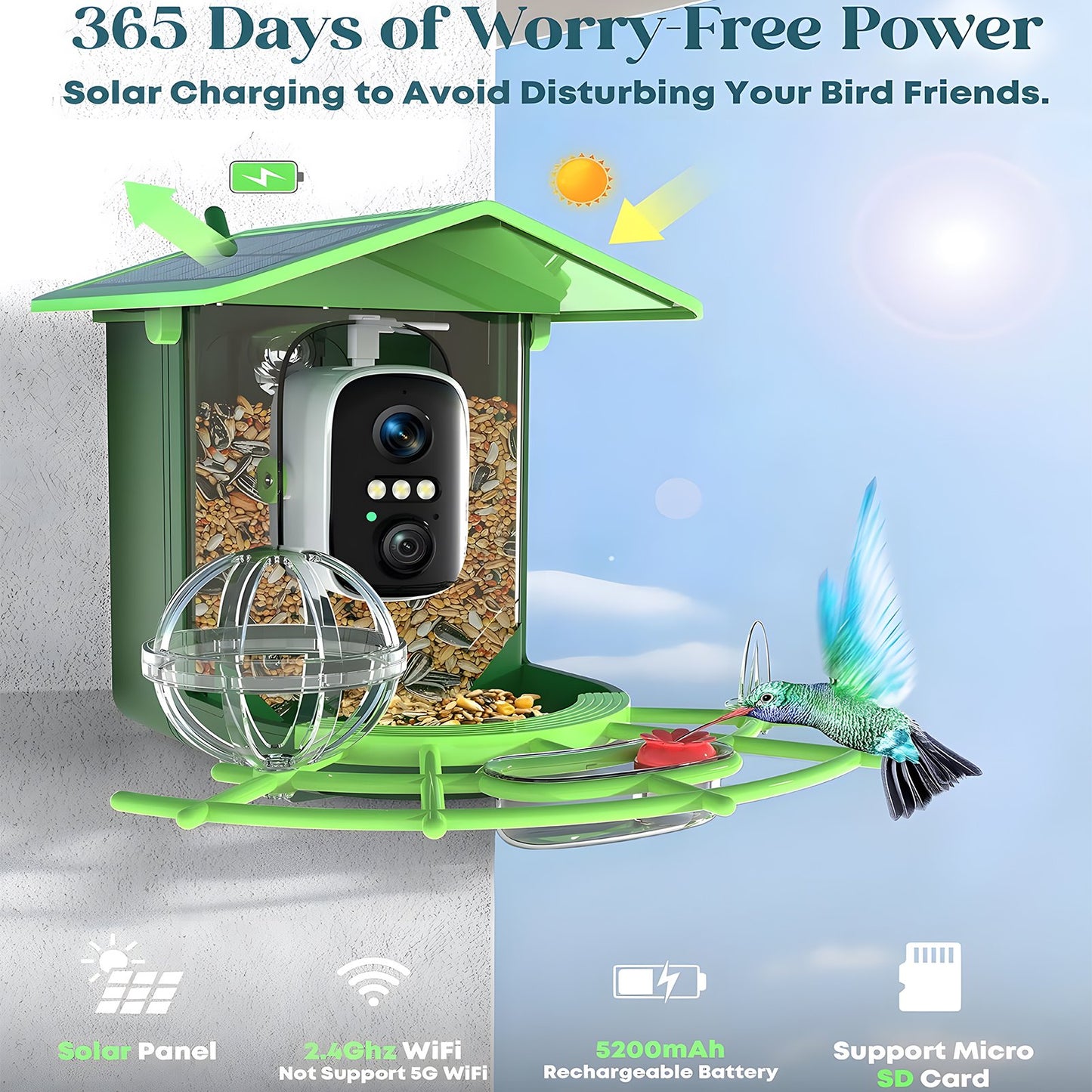 KORALAKIRI Bird Feeder with Camera Outdoor Solar Smart Birdfeeder with Wireless Camera Bird Houses for Outside Garden - 2K Video Live AI Recognition Visible Window Auto Capture