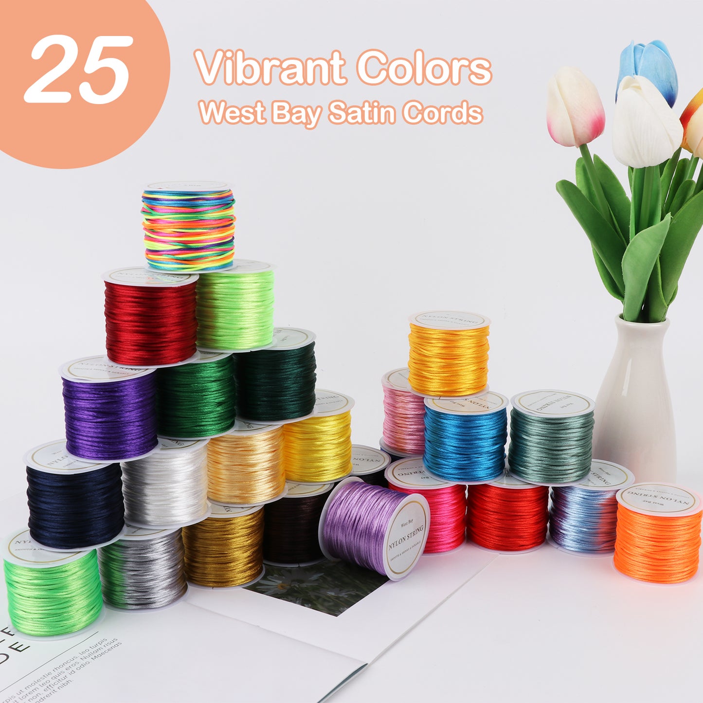 Angela & Alex 25 Rolls Nylon String for Bracelets, 1.5mm Satin Silk Nylon Cord Bracelet String for Kumihimo, Lanyards, Knotting, Beading