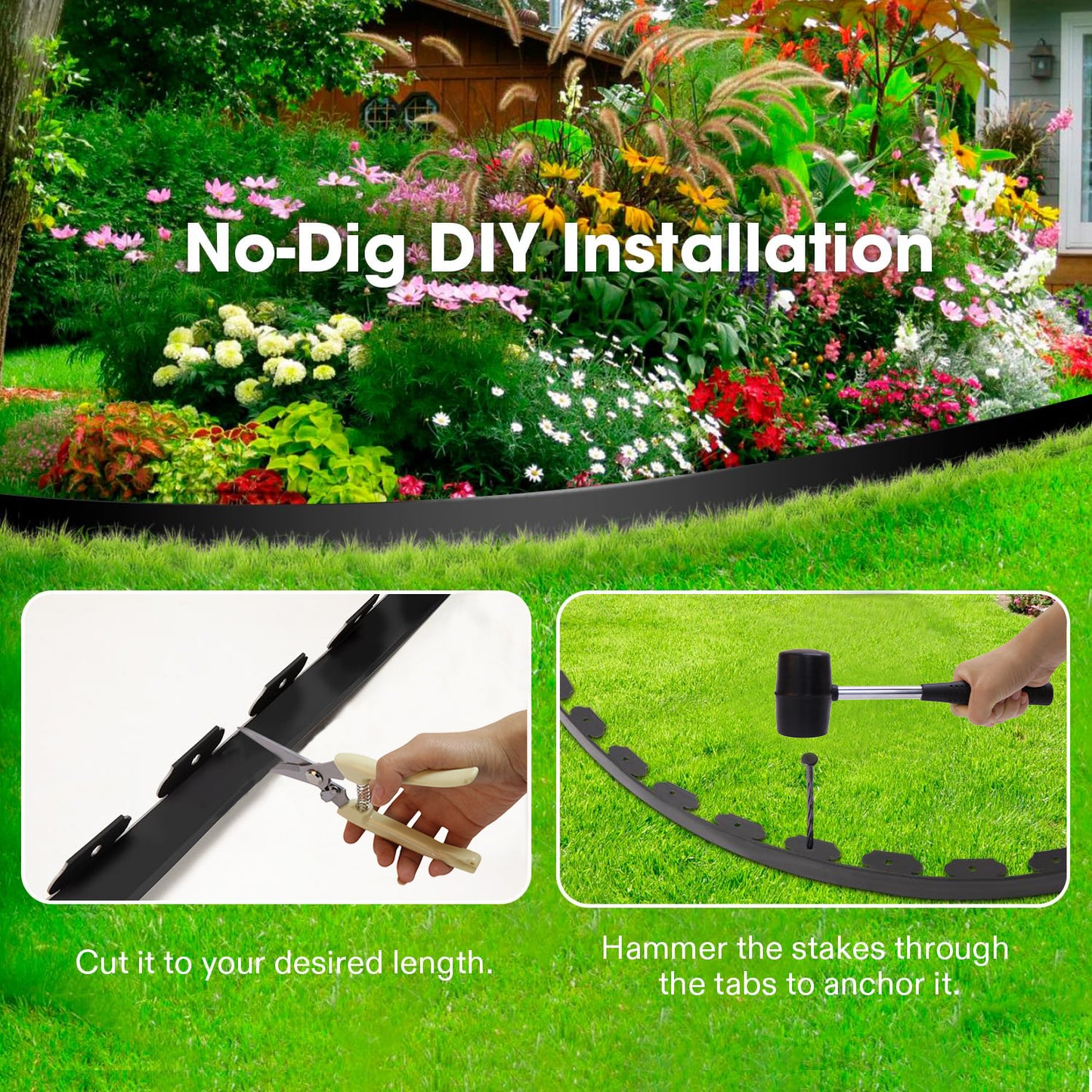 KORALAKIRI Landscape Edging Kit, 40ft Garden Edging Border 2 Inch Tall with 50 Pcs Spikes, Edging for Landscaping, Garden, Black