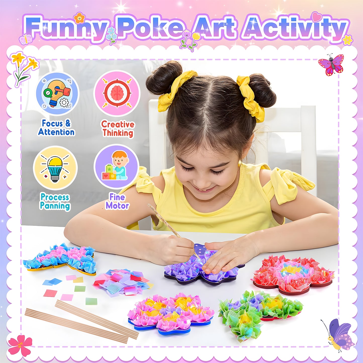 CandWuom Poke Art Flower Bouquet with 8 Flowers & 2 Butterflies, Arts and Crafts for Girls 8-12,Toys for 4 5 6 7 8+ Year Old Girls