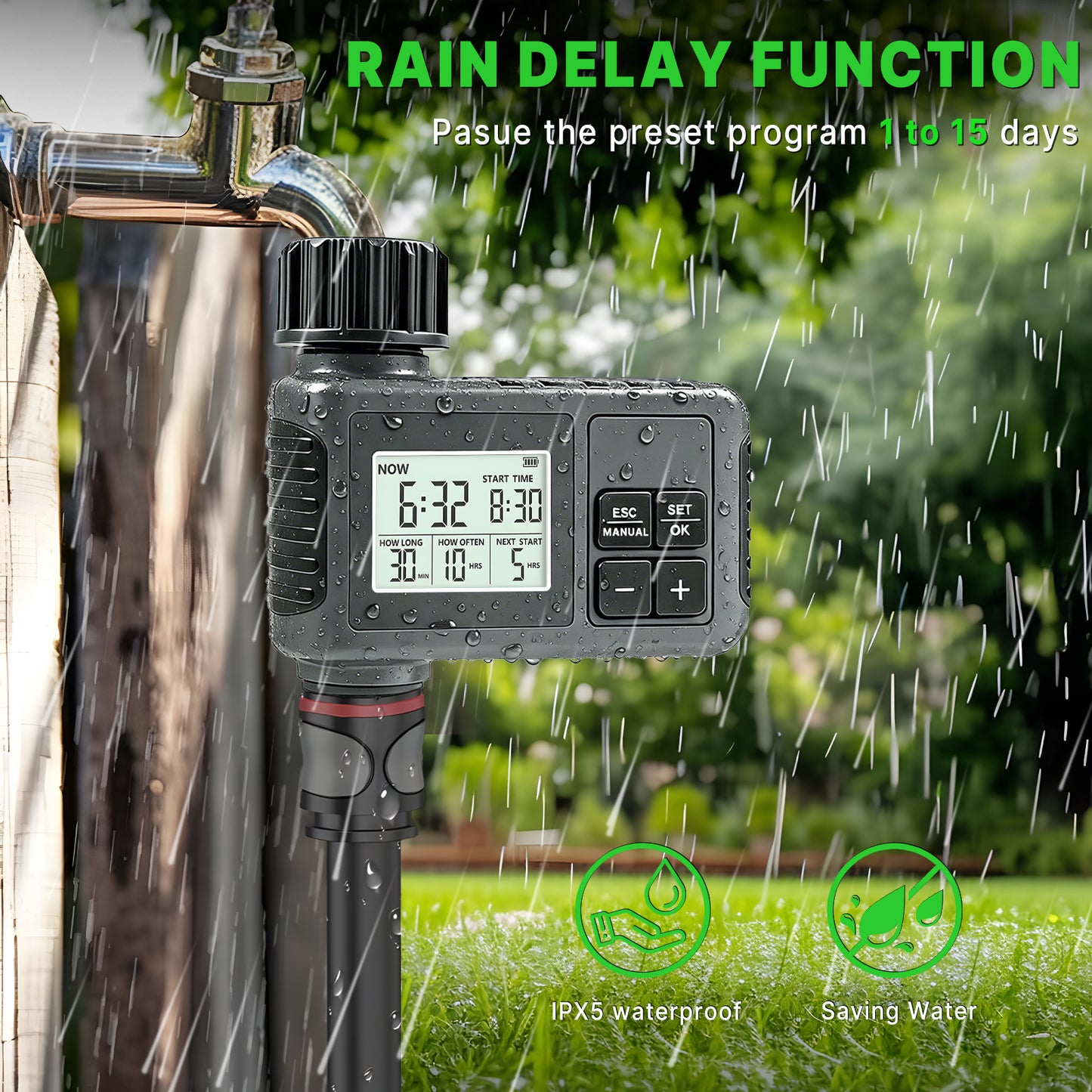 KORALAKIRI Sprinkler Timer, Programmable Water Timer for Garden Hose, Outdoor Soaker Hose Timed with Rain Delay Manual Automatic Watering System, Digital Irrigation for Yard, Lawn, 1 Outlet