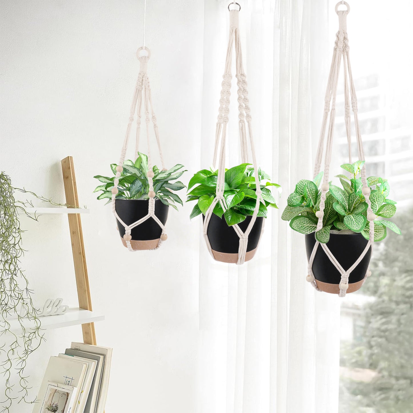 West Bay 3 Set Hanging Planter with Macrame Plant Hangers Indoor Outdoor, Hanging Baskets for Plant, Flower Self Watering Pots Holders (Black)