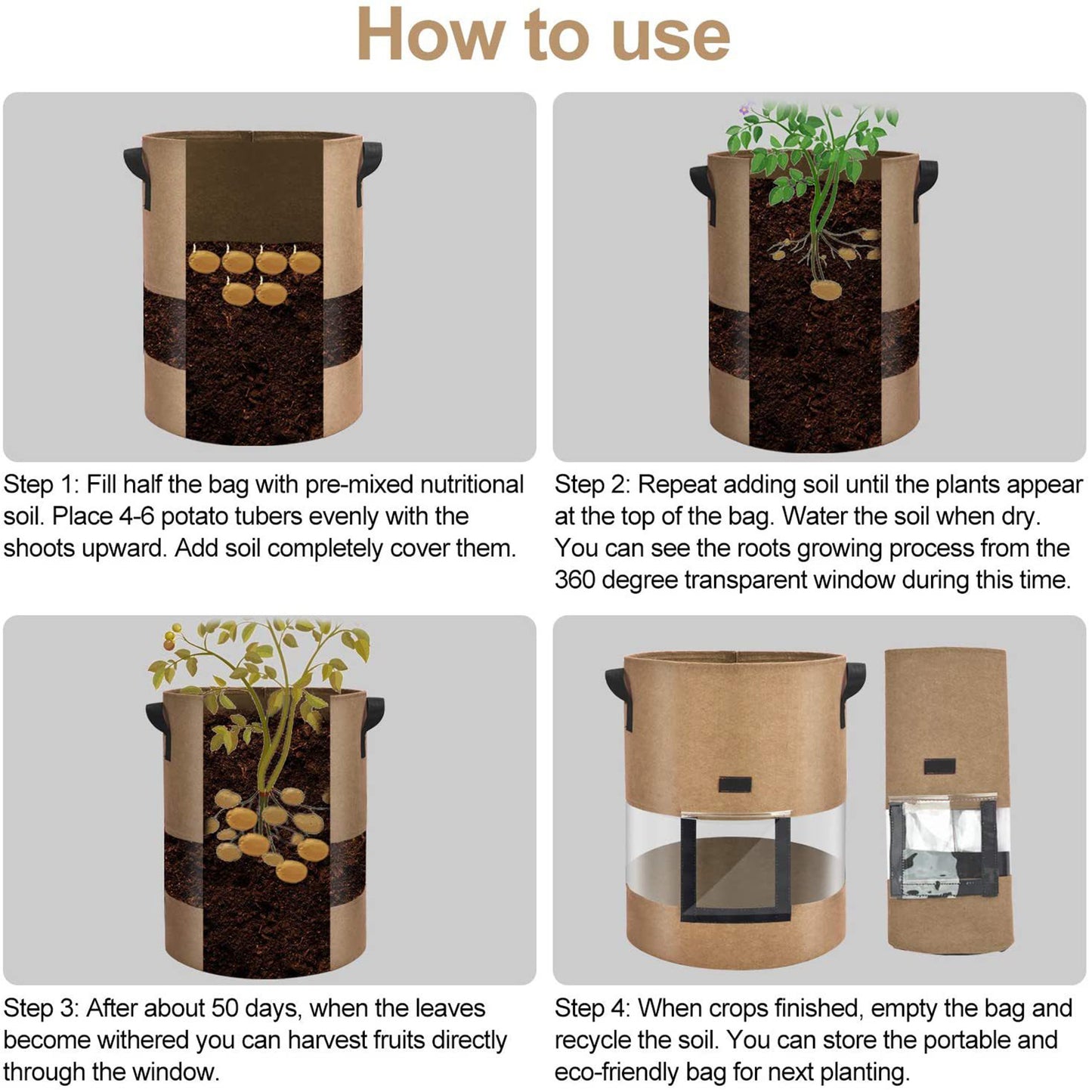 KORALAKIRI 3 Pack Potato Grow Bags 10 Gallon Potato Bag with 360° Visible Window, Planter Bags for Potato,Tomato, Carrot, Onion(Brown)