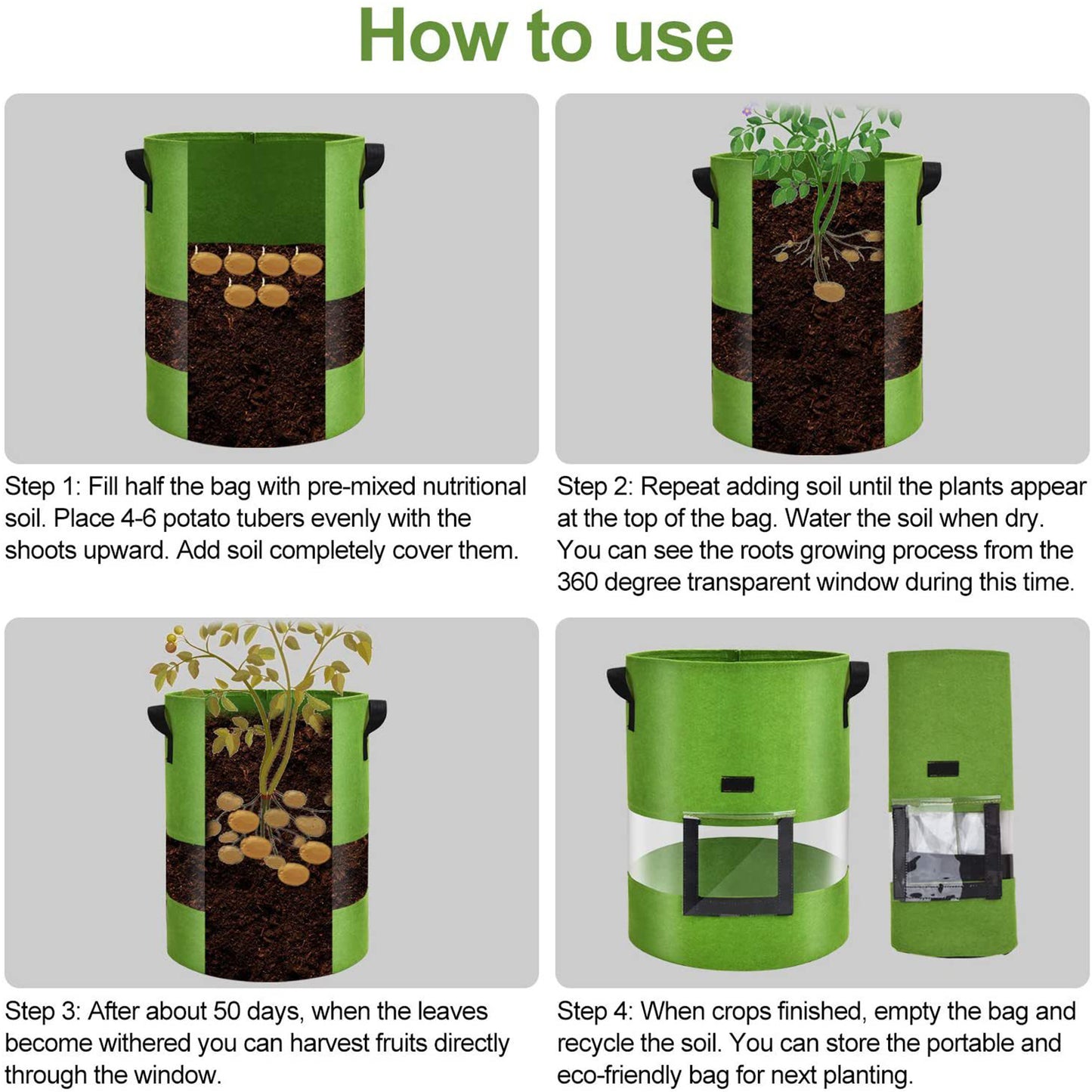 KORALAKIRI 3 Pack Potato Grow Bags 10 Gallon Potato Bag with 360° Visible Window, Planter Bags for Potato,Tomato, Carrot, Onion(Green)