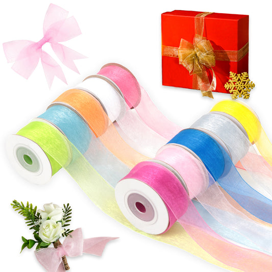 West Bay 10 Pack Organza Sheer Ribbon 1" x 100 Yd Ribbon for Crafts Gift Wrapping Double Faced Silk Pink Blue Ribbons
