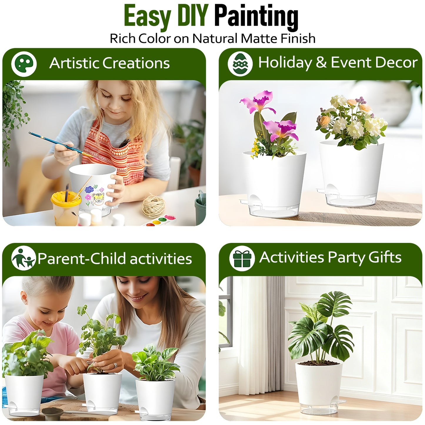 West Bay 7-Pack Self Watering Pots for Indoor Plant, Flower Pot with Drainage Holes and Clear Saucers, 4/5/5.5/6/6.5/7/8 Inch, White