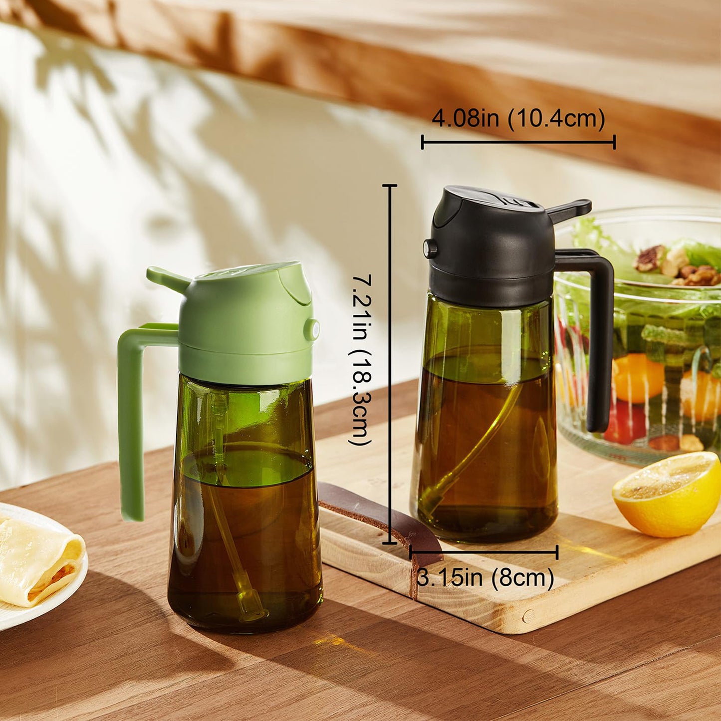 KORALAKIRI Oil Dispenser, 2 in 1 Oil Sprayer for Cooking, 16oz/470ml Glass Food-grade Olive Oil Spray Bottle Mister with Pourer for Kitchen, Salad, Frying, BBQ (Black & Green)