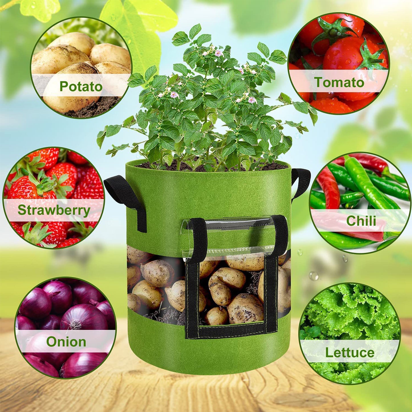 KORALAKIRI 3 Pack Potato Grow Bags 10 Gallon Potato Bag with 360° Visible Window, Planter Bags for Potato,Tomato, Carrot, Onion(Green)