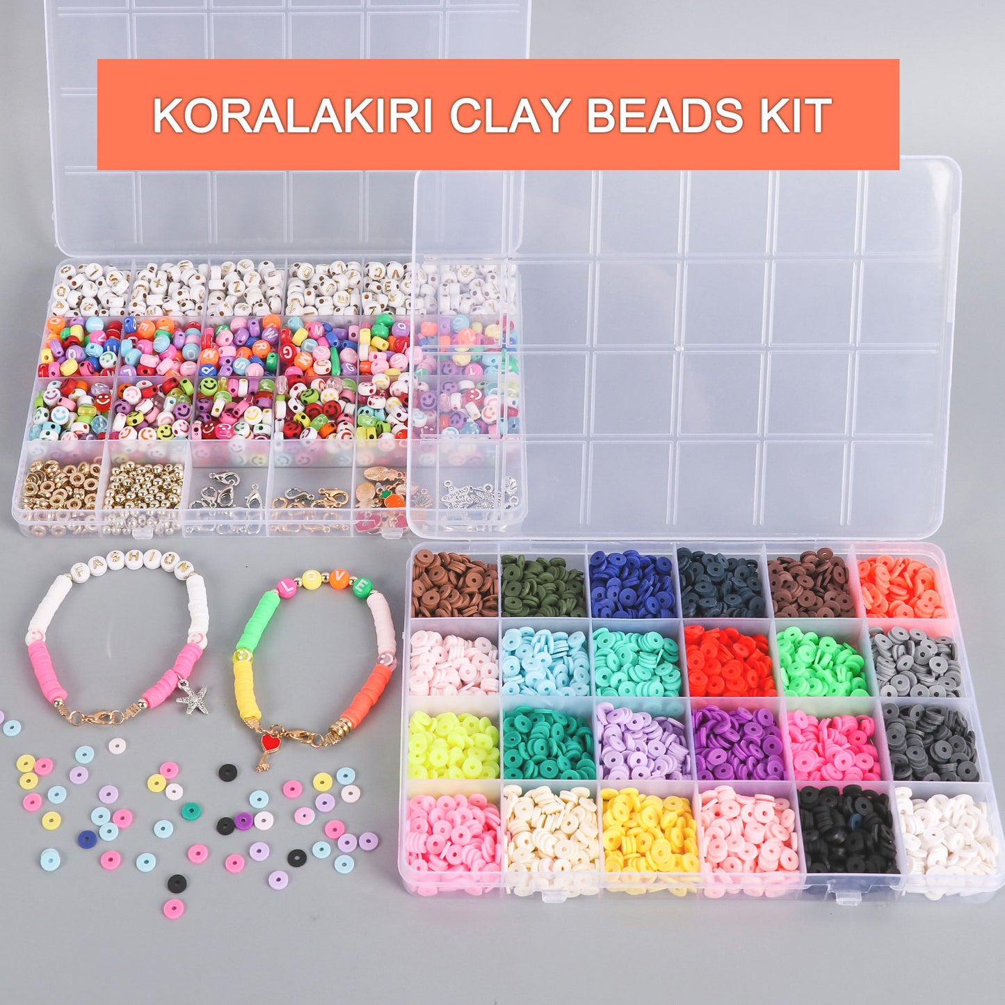 Koralakiri 7360Pcs Flat Clay Beads Kit 24 Colors 6mm, Letter Beads, Smiley Face Beads for DIY Bracelets Necklaces Earrings Jewelry Making Gift for Girls