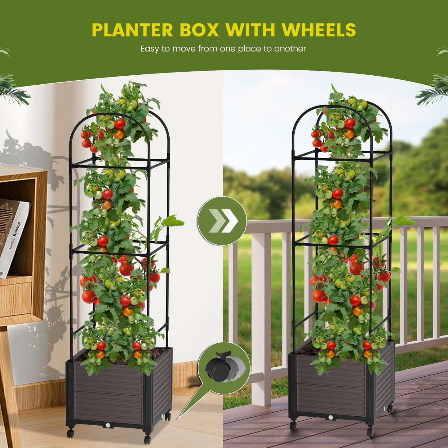 KORALAKIR Planter Trellis, 61" Garden Trellis for Outdoor Plants,Tomato Cage with Trellis for Climbing Plants Vegetable Vine Flowers w/Self-Watering & Wheels