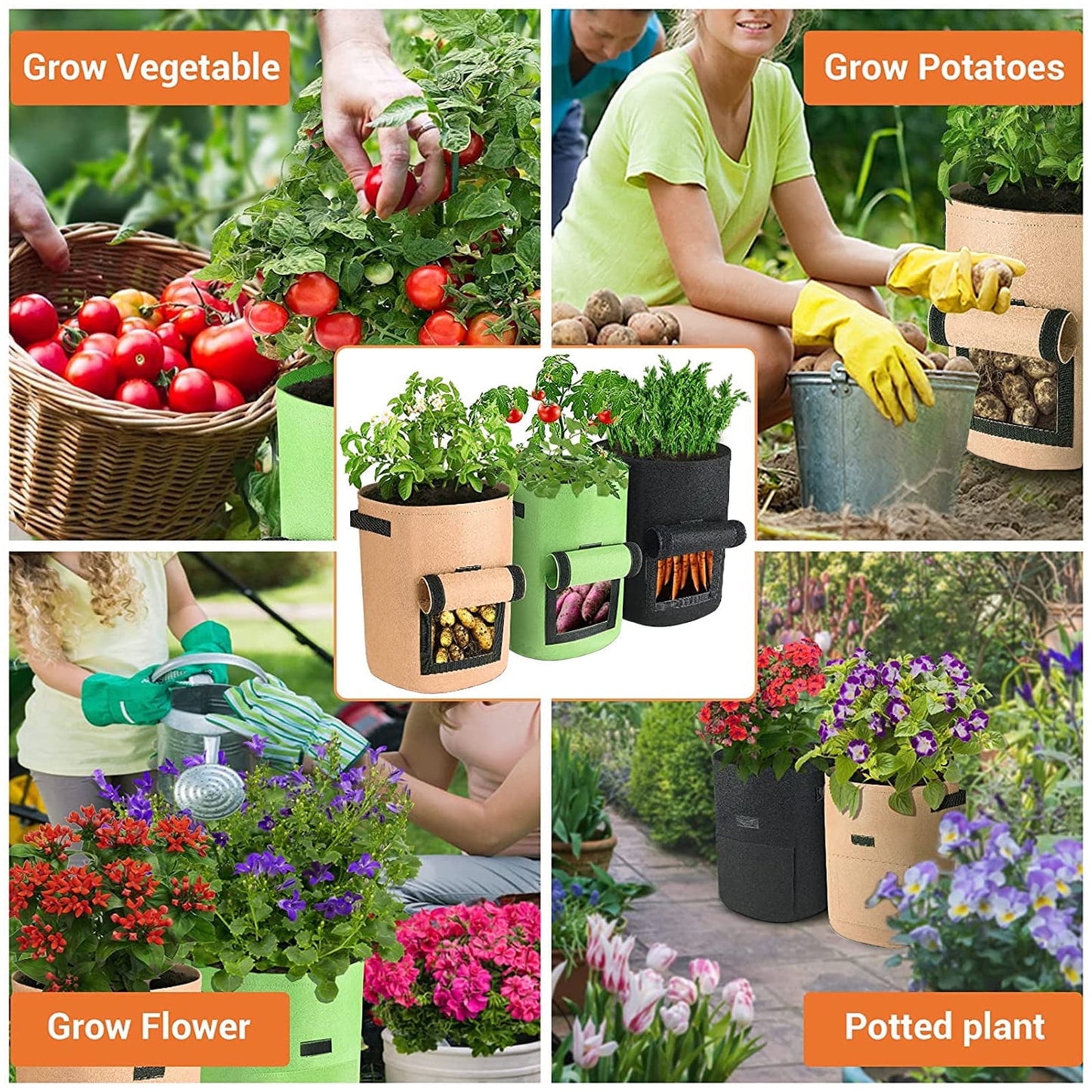 KORALAKIRI 3 Pack Potato Grow Bags 10 Gallon Potato Bag Transparent Window with Durable Handle, Planter Bags for Potato,Tomato, Carrot, Onion