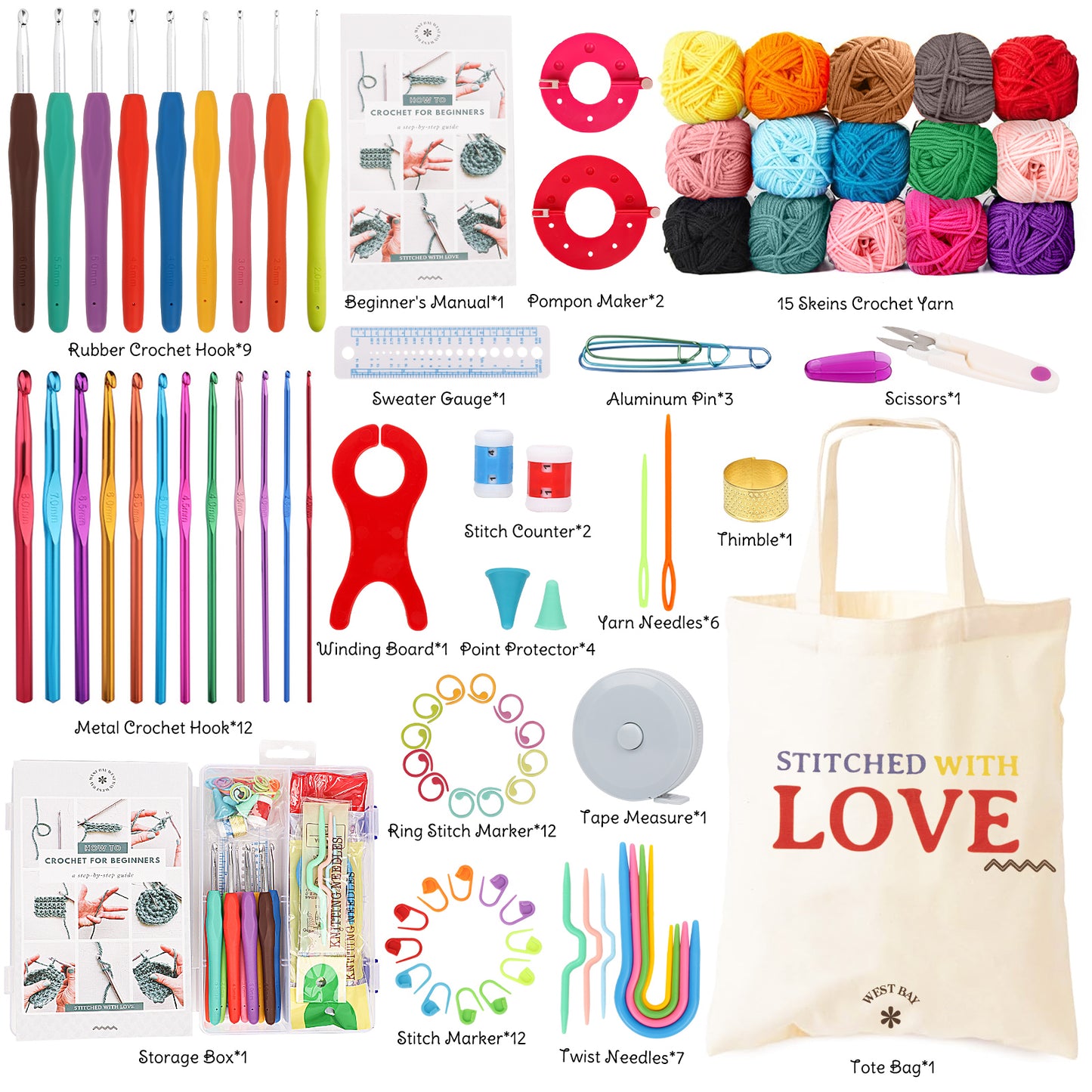 West Bay Crochet Kit for Beginners Adults Learn to Crochet Set, Crocheting Kit, 1500 Yards Crochet Yarn, Crochet Hook Set, Crochet Accessories and Supplies
