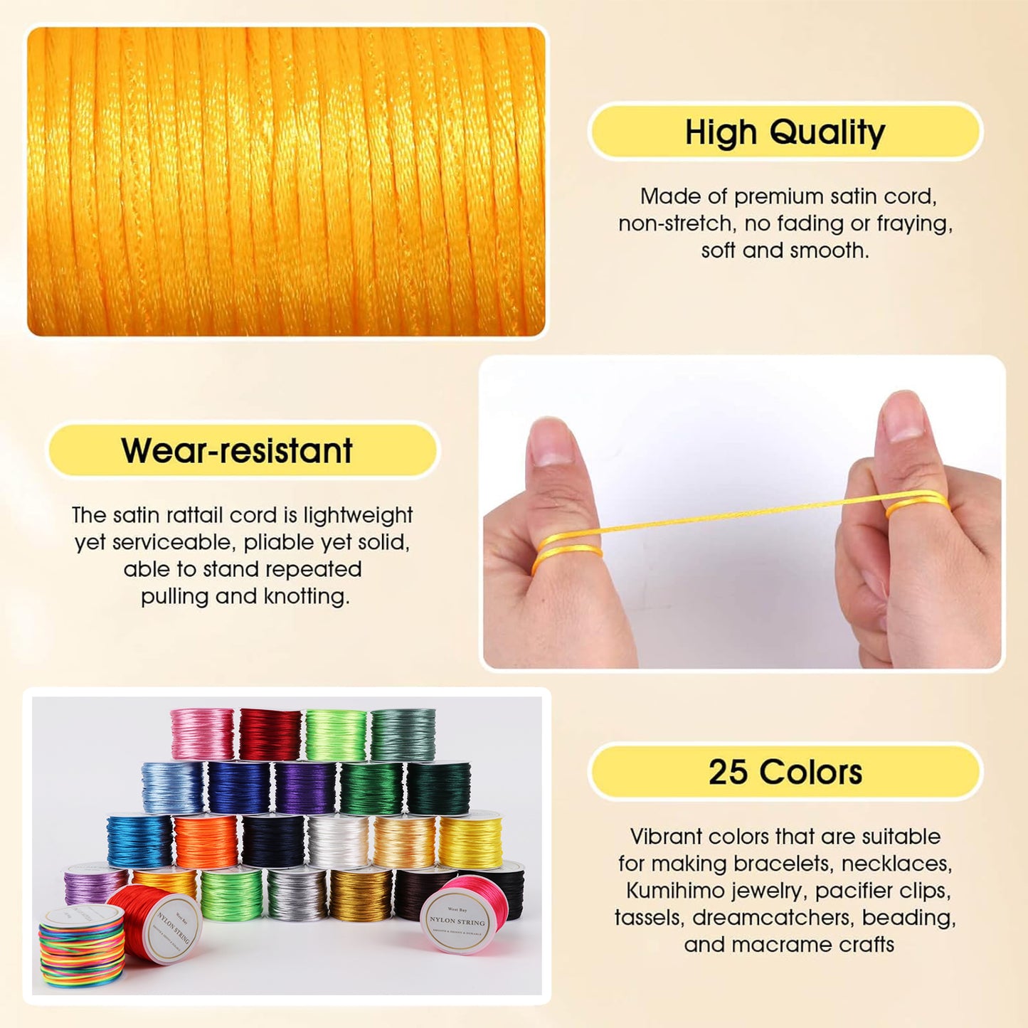 Angela & Alex 25 Rolls Nylon String for Bracelets, 1.5mm Satin Silk Nylon Cord Bracelet String for Kumihimo, Lanyards, Knotting, Beading