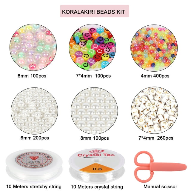 Koralakiri Arts and Crafts Beads for Girls Bracelet Making Kit, Pearl Beads & Letter Beads & Smiley Face Beads for Kids Ages 8-12 Jewelry Making Kit