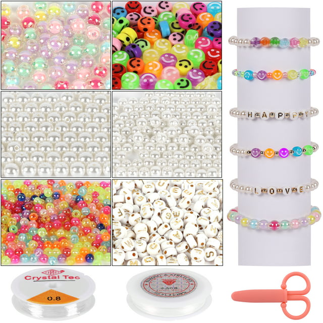 Koralakiri Arts and Crafts Beads for Girls Bracelet Making Kit, Pearl Beads & Letter Beads & Smiley Face Beads for Kids Ages 8-12 Jewelry Making Kit