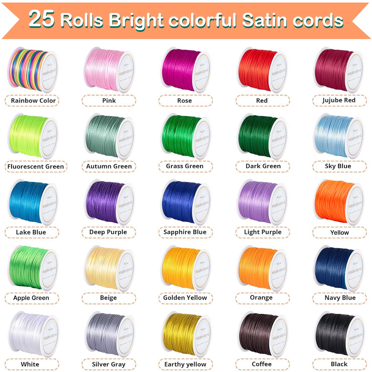 Angela & Alex 25 Rolls Nylon String for Bracelets, 1.5mm Satin Silk Nylon Cord Bracelet String for Kumihimo, Lanyards, Knotting, Beading
