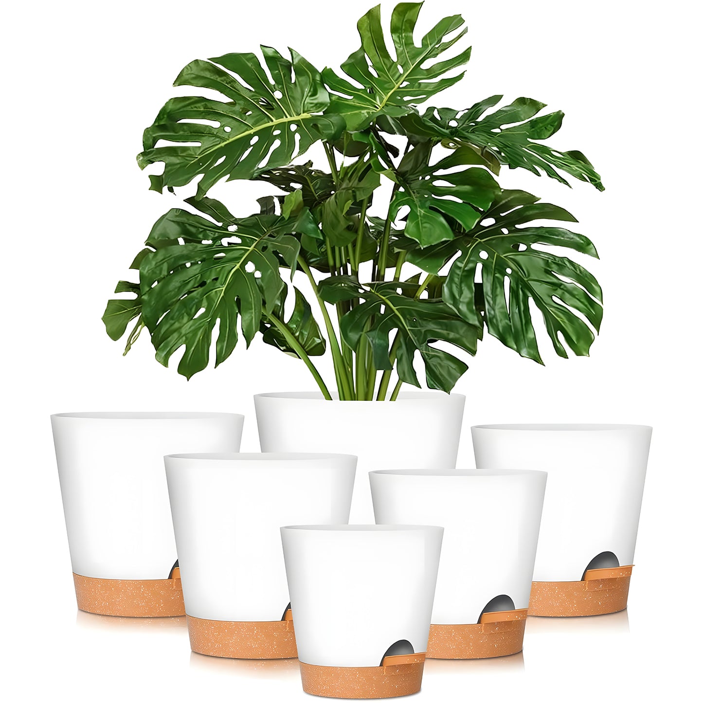 West Bay 6-Pack Self Watering Planters, Indoor Outdoor large flower pot plant pots with Drainage Holes and Saucers, 8, 7, 6.5, 6, 5.5, 5 Inches, White