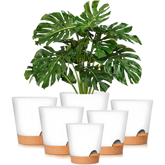 West Bay 6-Pack Self Watering Planters, Indoor Outdoor large flower pot plant pots with Drainage Holes and Saucers, 8, 7, 6.5, 6, 5.5, 5 Inches, White