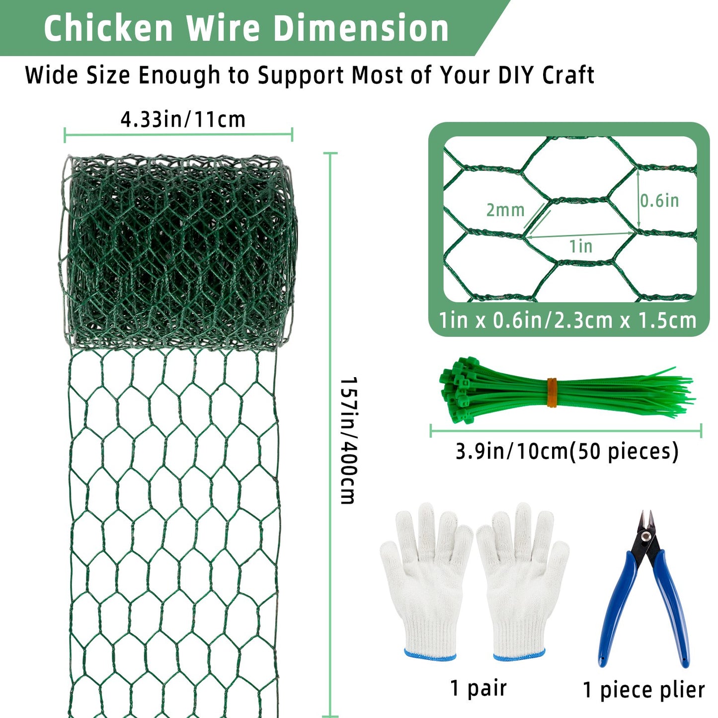KORALAKIRI Floral Chicken Wire for Craft, 4 x 157 Inch Lightweight Galvanized Hexagonal Chicken Wire Netting, 2mm Thickness Chicken Wire Fence for Garden Poultry, Chicken Wire Mesh with Gloves