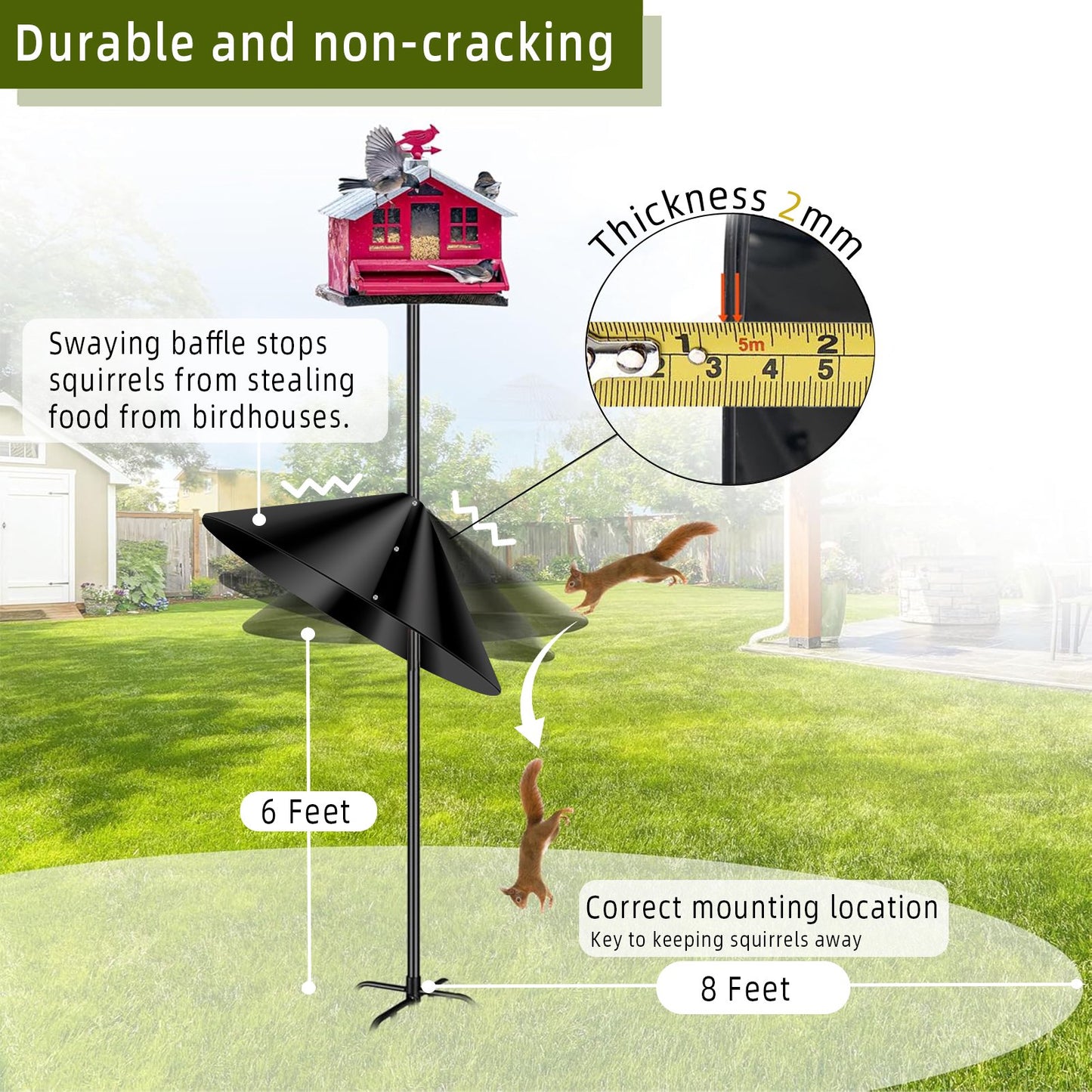 KORALAKIRI Squirrel Baffle for Bird Feeder Pole, Outside Pole Mount Bird House Guard Stopper for Outdoor Shepherd’s Hook, 19 Inch Diameter, Black, 1 Pack