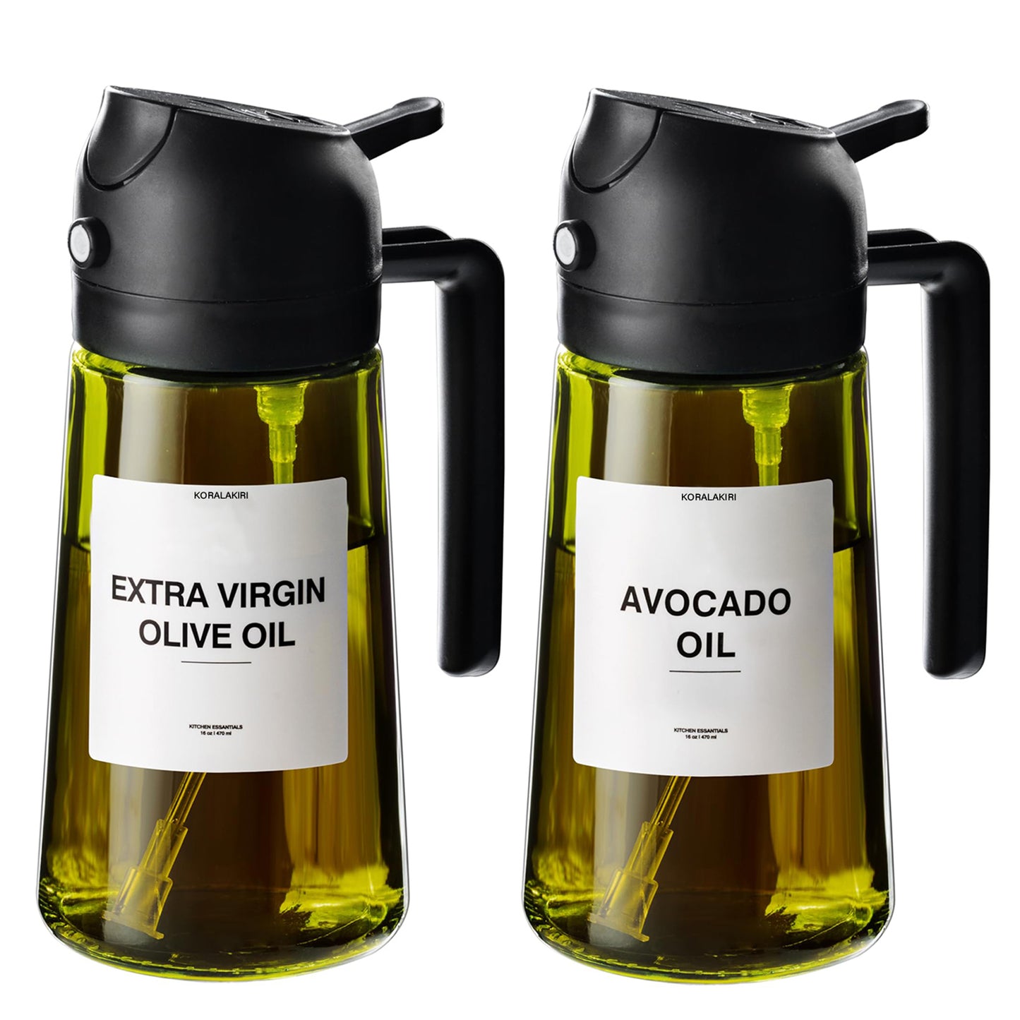 KORALAKIRI 2 in 1 Oil Sprayer for Cooking, 16oz/470ml Glass Food-grade Olive Oil Spray Bottle Dispenser Mister Spritzer with Pourer for Kitchen, Salad, Frying, BBQ (Black & Black)