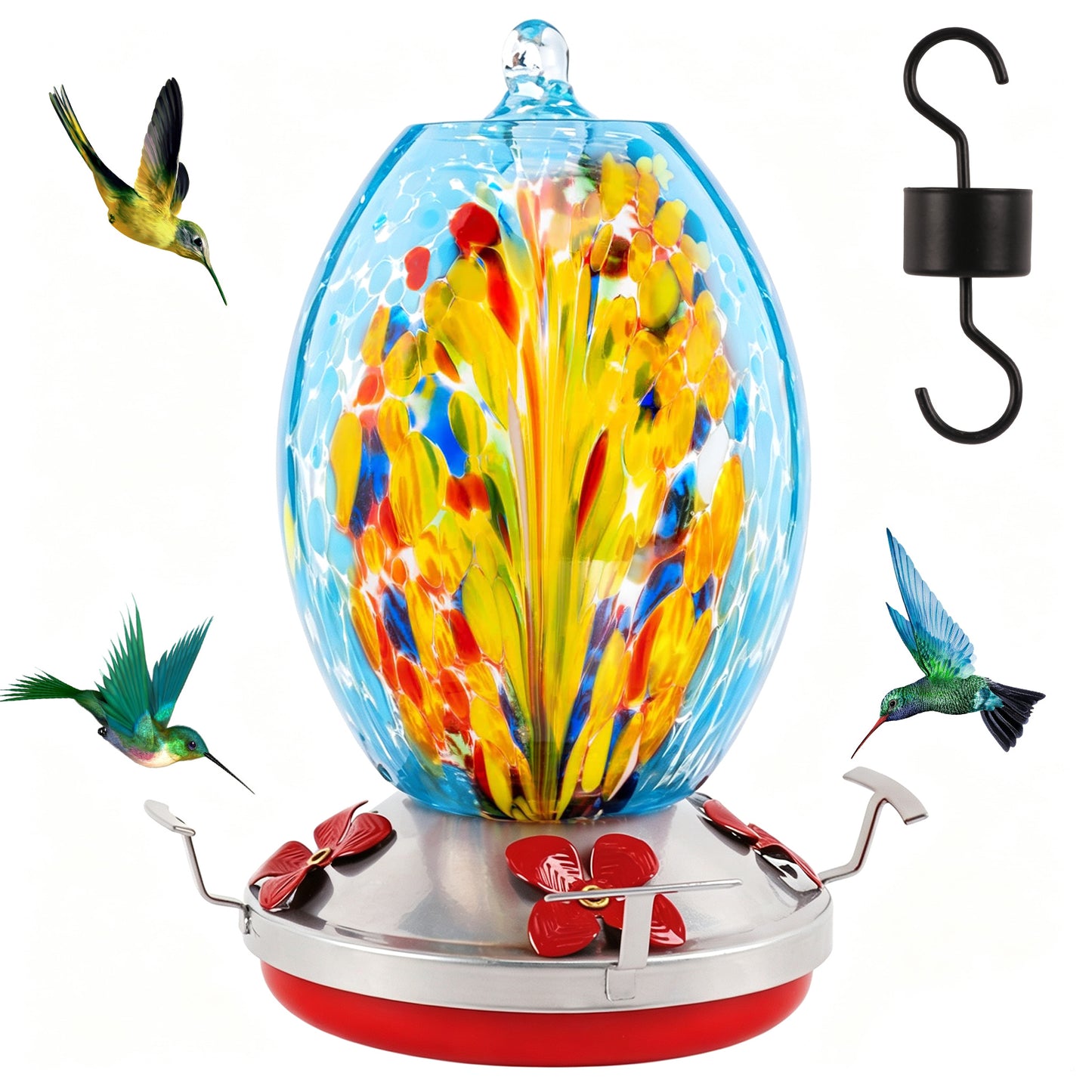 KORALAKIRI Glass Hummingbird Feeders, 27OZ Hummingbird Feeder for Outdoors Hanging ant and Bee Proof, Humming Birds Feeders for Outside-Blue