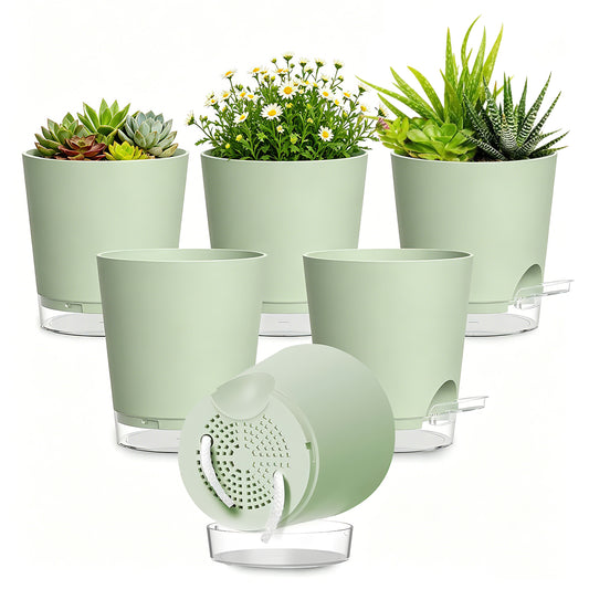 West Bay 4 Inch Self Watering Pots for Indoor Plants, 6 Pack Small Flower Plant Pots with Drainage Holes and Clear Reservoirs, Visible Water Level, Plastic Planters with Wicking Rope, Green
